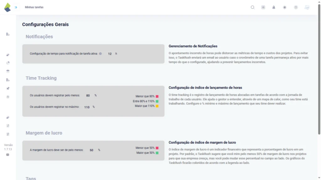 Tela da plataforma TaskRush exibindo configurações avançadas de time tracking, incluindo limites mínimos e máximos de horas registradas, notificações automáticas e controle de margem de lucro — exemplo prático de como a ferramenta contribui para a gestão eficiente e pode ser usada como case de sucesso na implementação de boas práticas