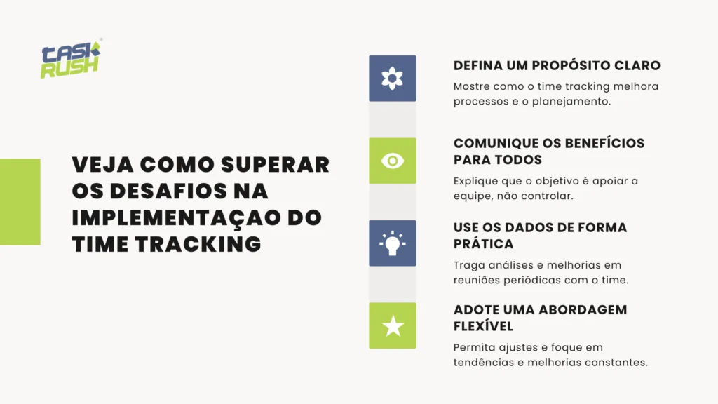 Imagem com dicas avançadas de time tracking da
plataforma Taskrush para otimizar o trabalho: estratégias visuais destacam como superar desafios na implementação, incluindo propósito claro, benefícios para a equipe, uso prático dos dados e abordagem flexível.