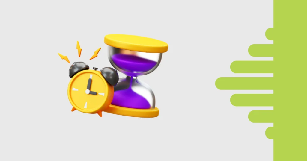 Ampulheta amarela e relógio com raio, ilustrando a temática do guia sobre time tracking