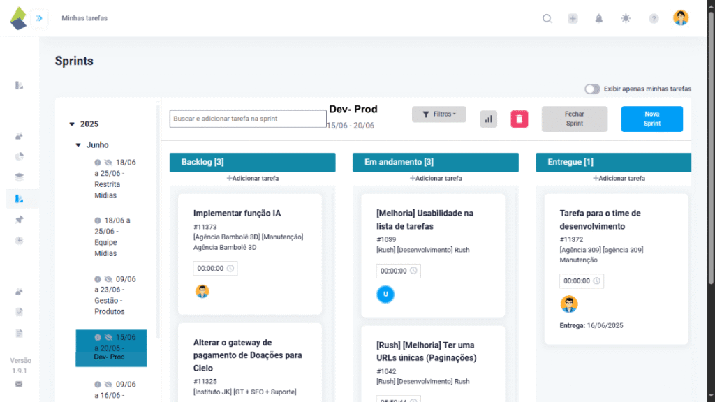 Com o taskrush também é possivel restringir sprints, organizando sprints de acordo com as equipes. Alem disso, voce pode manter a organização por meio de filtros
