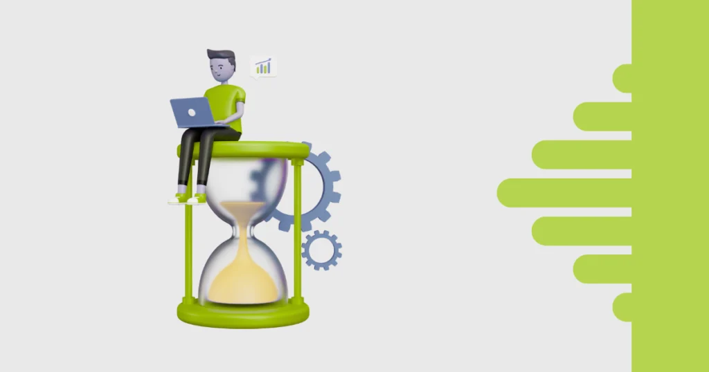 Ilustração de uma pessoa sentada sobre uma ampulheta com notebook no colo, representando o controle de horas trabalhadas. Ao fundo, engrenagens simbolizam produtividade e organização com a ferramenta de time tracking do TaskRush. Ideal para quem busca controlar o tempo e criar uma conta gratuita para otimizar sua rotina.