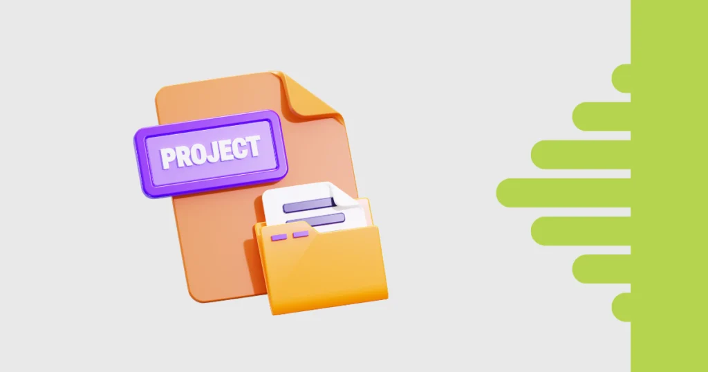 Ilustração colorida com ícone 3D de um arquivo laranja com a palavra “PROJECT” em destaque e uma pasta amarela contendo documentos, representando organização de tarefas. À direita, há um gráfico decorativo verde-limão. A imagem simboliza as vantagens de adotar projetos recorrentes e convida o leitor a conhecer a plataforma TaskRush.
