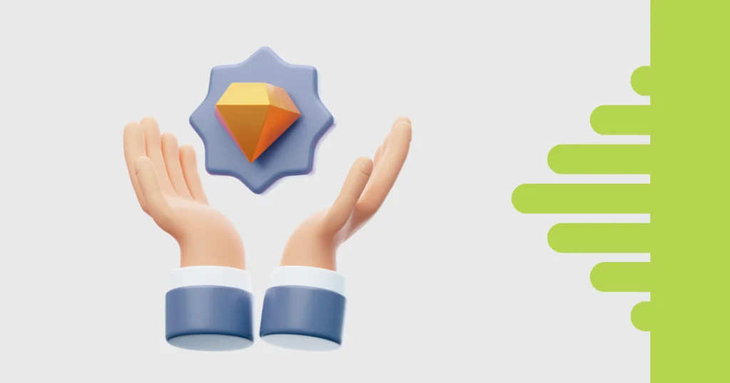 Ilustração 3D de mãos levantadas segurando um diamante laranja sobre uma insígnia azul, representando como o TaskRush conecta tempo, tarefas e rentabilidade através da funcionalidade de Sprint e Time Tracking.