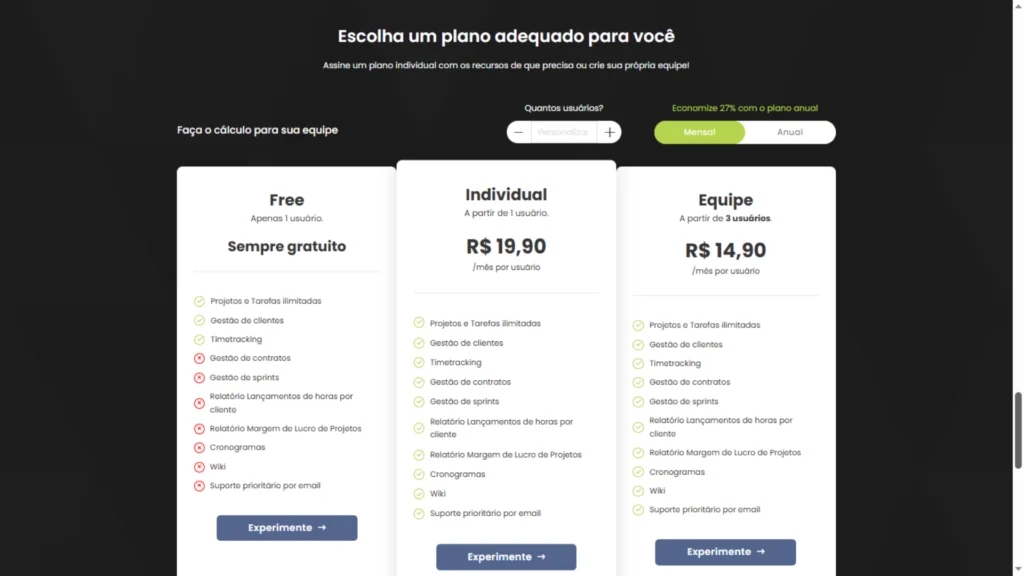 Print da tela da Plataforma Taskrush mostrando os valores dos planos. Plano Free (R$0): Ideal para freelancers, com projetos e tarefas ilimitadas, gestão de clientes e time tracking já inclusos.
Plano Individual (R$19,90/mês por usuário): Adiciona gestão de contratos, sprints, relatórios de horas e margem de lucro, cronograma e wiki.
Plano Equipe (R$14,90/mês por usuário): Preço reduzido a partir de 3 usuários com todas as funcionalidades do plano Individual, tornando-se uma excelente opção para pequenas equipes.
