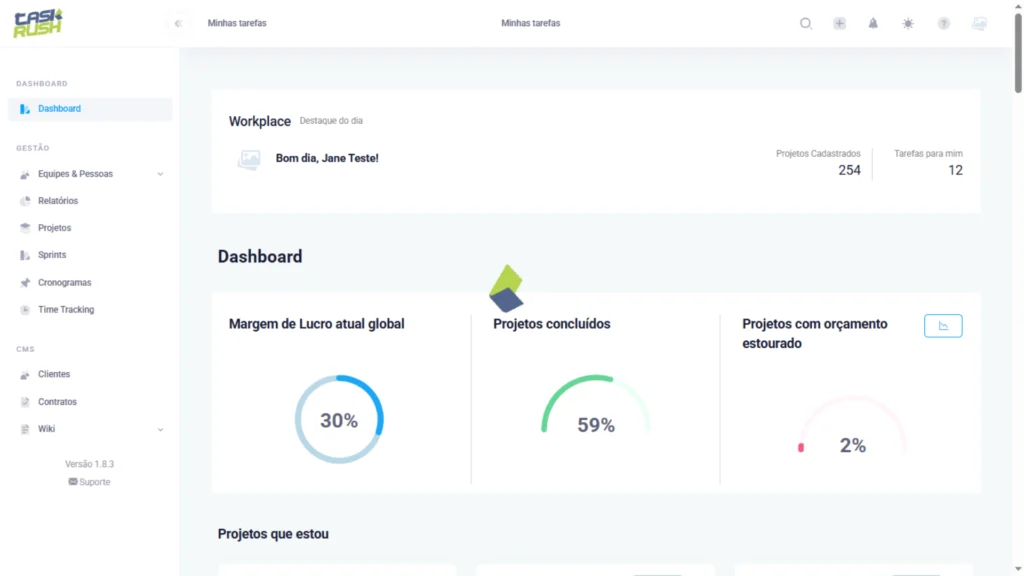 Print da tela da Plataforma Taskrush mostrando como sao organizados os menus deixando eles mais intuitivos. equipes e pessoas, relatorios, projetos, sprints, cronogramas, time tracking e muito mais