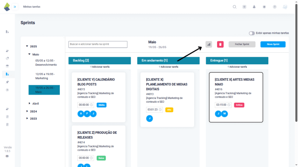 Print da tela da visualização das sprints no modelo Kanban onde é possível organizar e gerenciar as tarefas de cada time no Taskrush