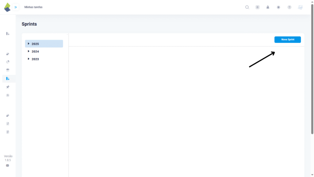 Interface do TaskRush mostrando o botão para criar uma nova sprint, facilitando a organização e gestão de projetos ágeis.