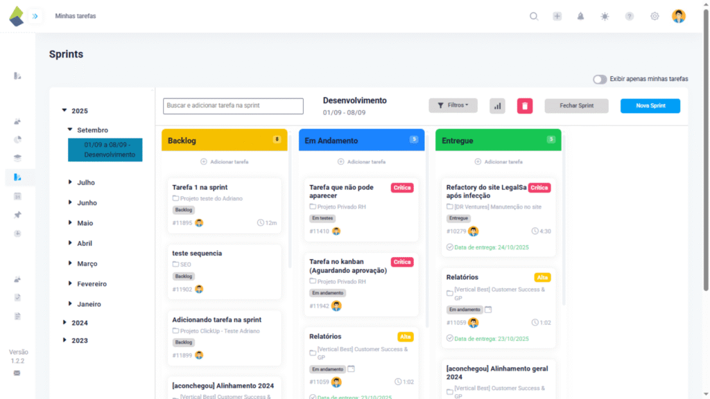 print da tela Sprints do taskrush mostrando um exemplo de cronograma de tarefas da equipe na visualização de Kanban.