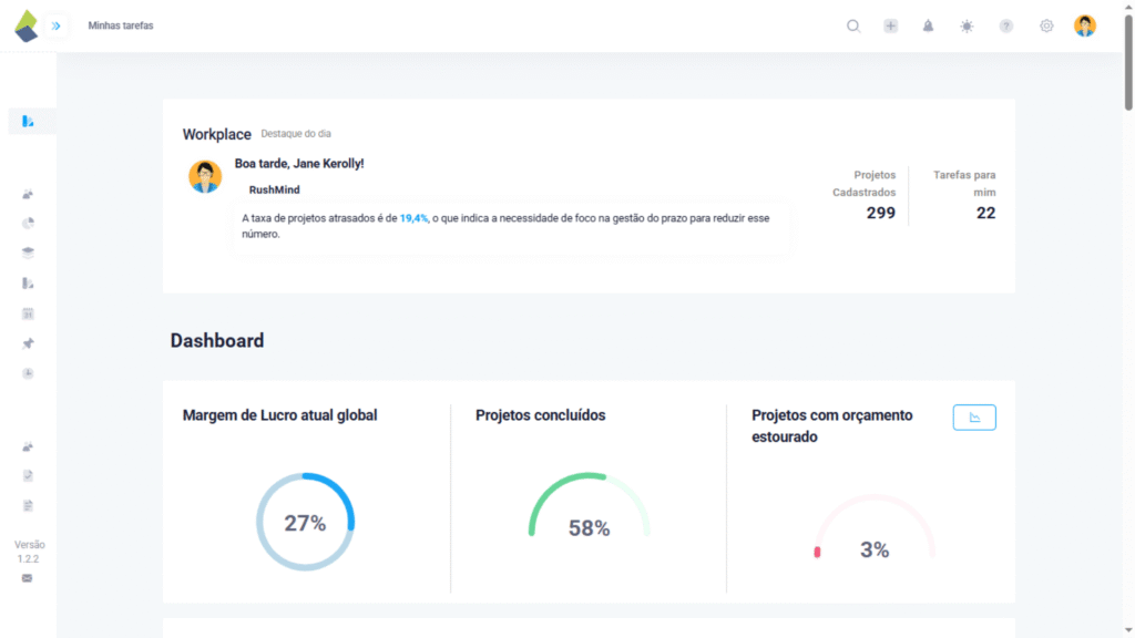 Print da tela da Plataforma Taskrush mostrando como sao organizados os menus deixando eles mais intuitivos. Rushmind, equipes e pessoas, relatorios, projetos, sprints, cronogramas, time tracking e muito mais