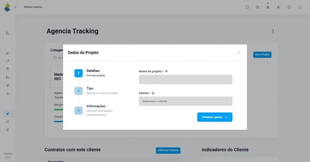 Print da tela da criação de um projeto recorrente no TaskRush. No TaskRush, você pode estruturar projetos que se renovam automaticamente, com entregas fixas e tarefas recorrentes programadas.