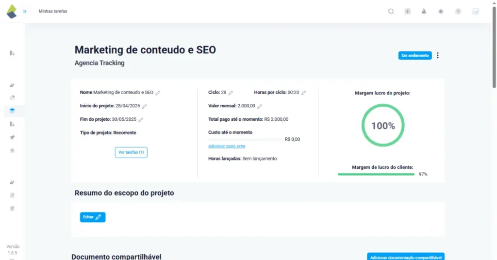 print de um dashboard de projeto recorrente na plataforma TaskRush mostrando nome, inicio, fim e o tipo de projeto. cliclos, hora por ciclo, valor mensal, custo ate o momento, horas lançadas e margem de lucro do cliente