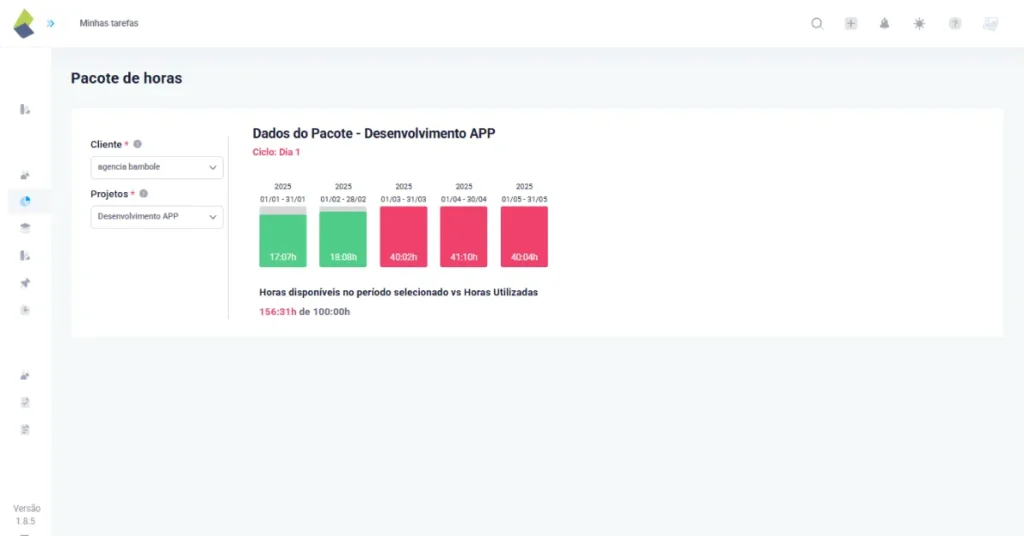 print da tela do relatorio do pacote de horas da plataforma Taskrush, nas cores verde que significa que esta no positivo e vermelho quer dizer que ultrapassou o limite preestabelecido. Mostra também as horas disponíveis no período selecionados vs horas utilizadas