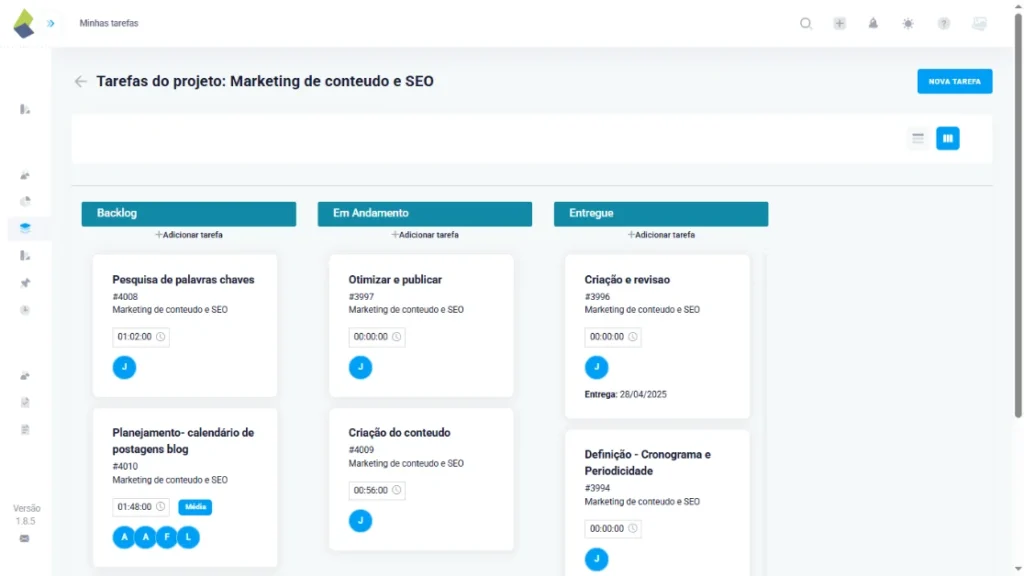 Print da tela de um quadro Kanban no TaskRush, mostrando tarefas organizadas em backlog, em andamento e entregues. Ideal para equipes que usam metodologias ágeis como Scrum ou Kanban.