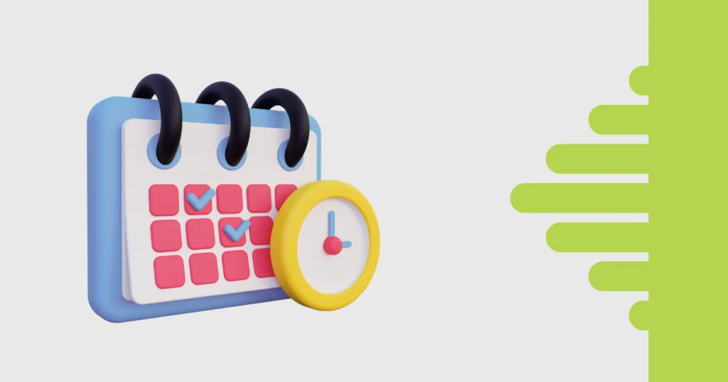 "Ilustração 3D de um calendário com marcações em azul e um relógio ao lado, representando organização de cronogramas e gestão de tempo.
