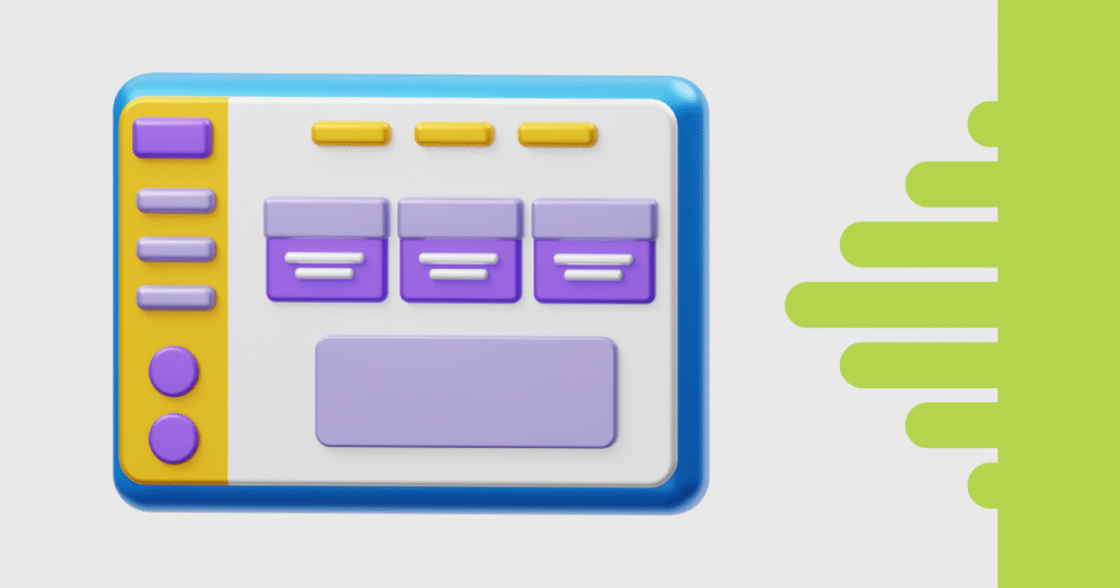 Ilustração 3D representando uma interface de gestão visual, simbolizando o acompanhamento de indicadores de sprint com painéis organizados, elementos interativos e layout kanban.