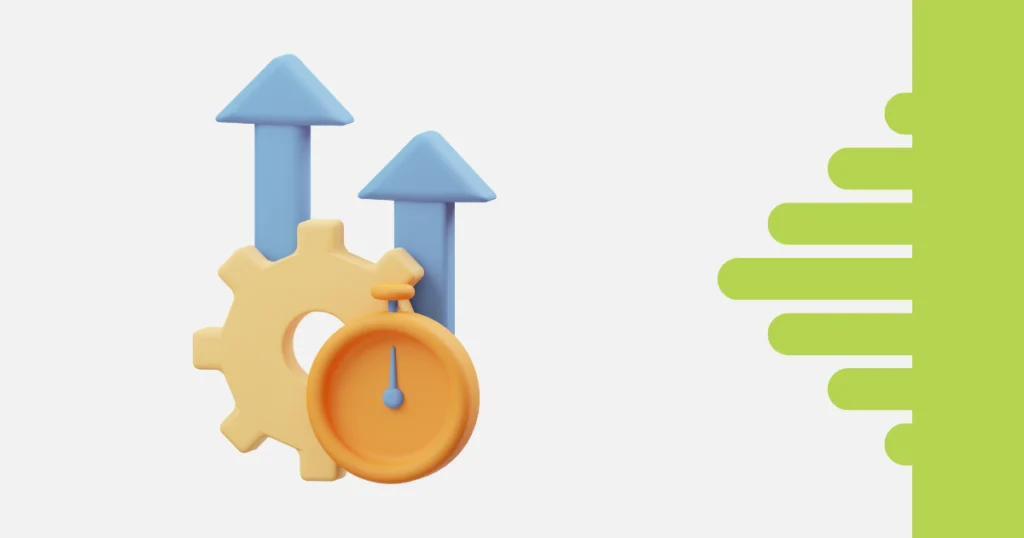 Ícone 3D com engrenagem, cronômetro e duas setas azuis apontando para cima, representando indicadores de produtividade e eficiência no trabalho.