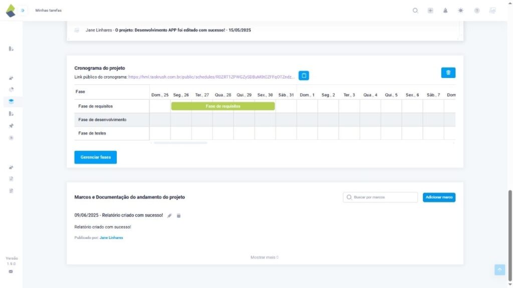 print da tela da visualização de um cronograma em um projeto. Com o planenejamento de sprints do TaskRush, você consegue visualizar não apenas se os objetivos foram atingidos, mas também como o tempo foi gasto em cada tarefa, se houve algum desvio de prazo ou se a alocação de recursos foi eficiente.
