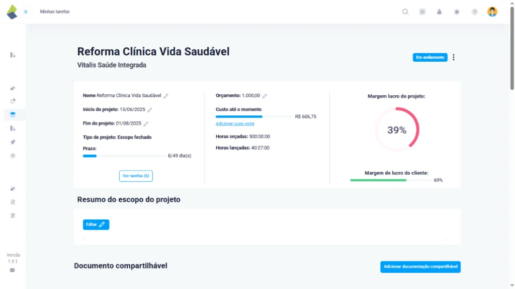 Dashboard do projeto no TaskRush mostrando dados financeiros, orçamento, custo, horas lançadas, prazo e margens de lucro com indicadores visuais em gráfico circular. Tudo para a gestão de projetos da sua softhouse.