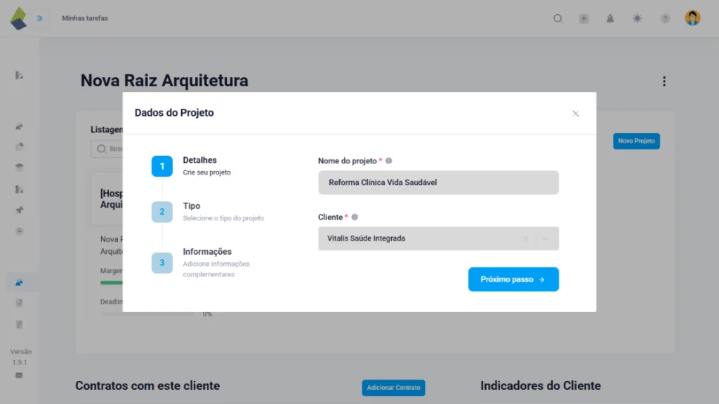 Tela do TaskRush exibindo a criação de um novo projeto com nome e cliente definidos, destacando o fluxo de etapas para cadastro: Detalhes, Tipo e Informações complementares. No taskrush voce consegue gerenciar todos os seus projetos de sua softhouse de forma rapida e eficiente.