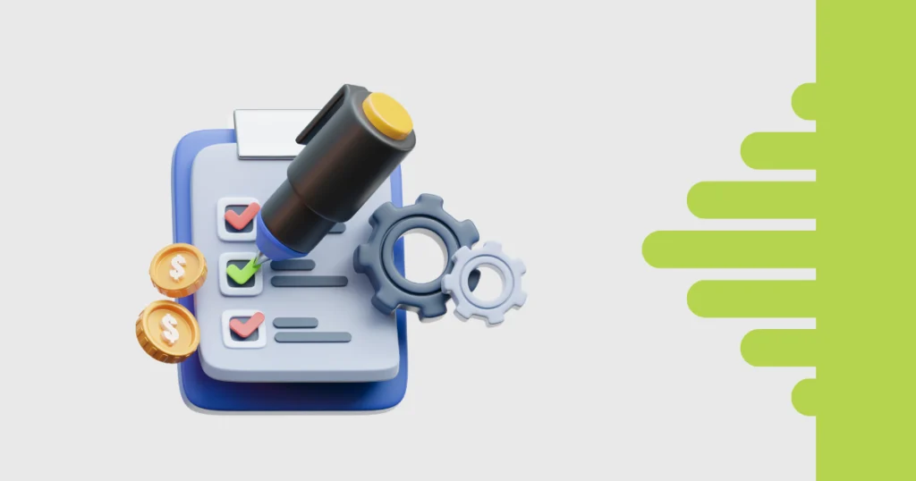 Ilustração 3D de uma prancheta com checklist e engrenagens ao lado, representando a organização de tarefas e controle de custos em agências com o TaskRush.