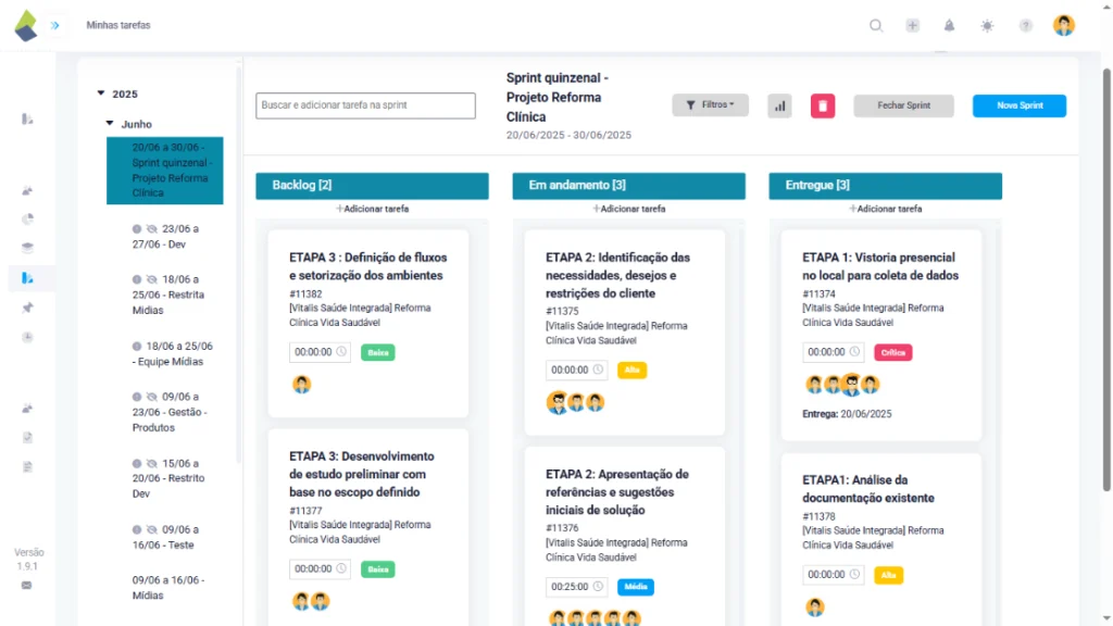 print da tela de sprints do taskrsuh. a sua gestão de tarefas é no Taskrush. comece grátis
