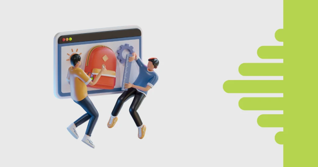 Dois personagens 3D trabalhando em frente a um painel digital com ícones de ferramenta e mochila, simbolizando gestão de produtividade e times no TaskRush.