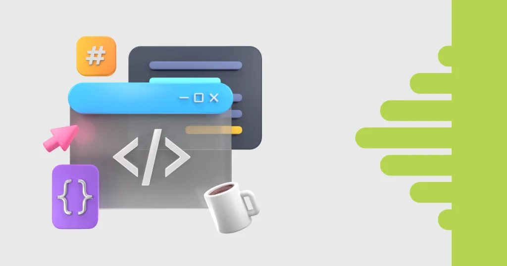 Ilustração 3D de interface de programação com ícones visuais, elementos gráficos coloridos, e uma caneca de café, simbolizando produtividade e tecnologia para gestão de projetos de Softhouses