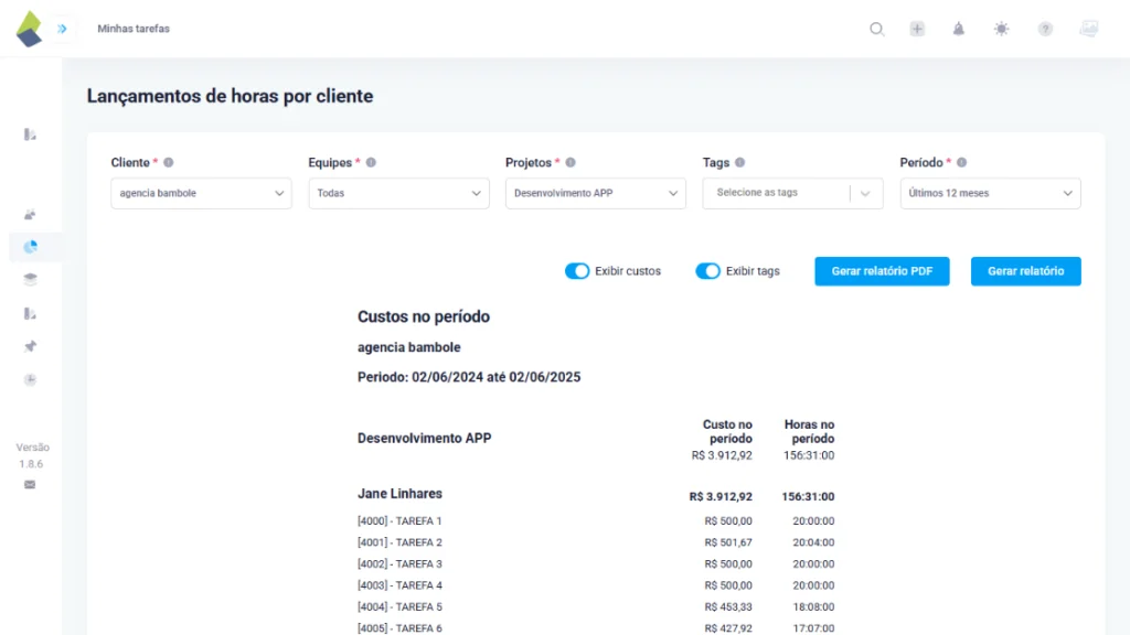 print da tela da plataforma taskrush representando a função de relatório de lançamento de horas por cliente. é uma das formas de medir a produtividade atraves do Taskrush
