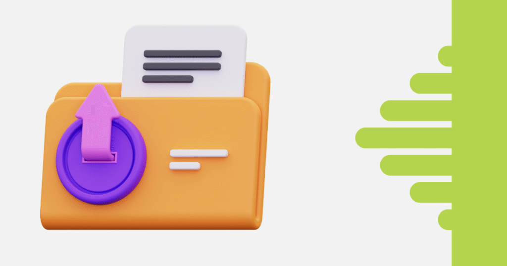 Ilustração 3D com uma pasta laranja contendo um documento e um botão roxo com seta rosa para cima, simbolizando organização de tarefas, upload de informações ou centralização de dados em sistemas como o TaskRush.