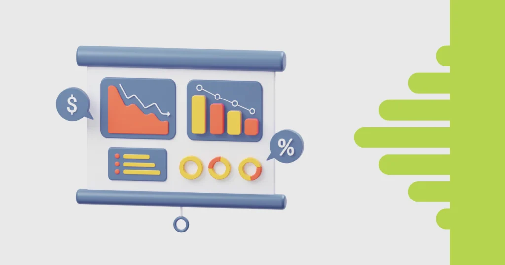 Gráfico de barras e linhas com ícones de porcentagem e valor, representando relatórios visuais no TaskRush e suas atualizações para facilitar o acompanhamento de projetos.