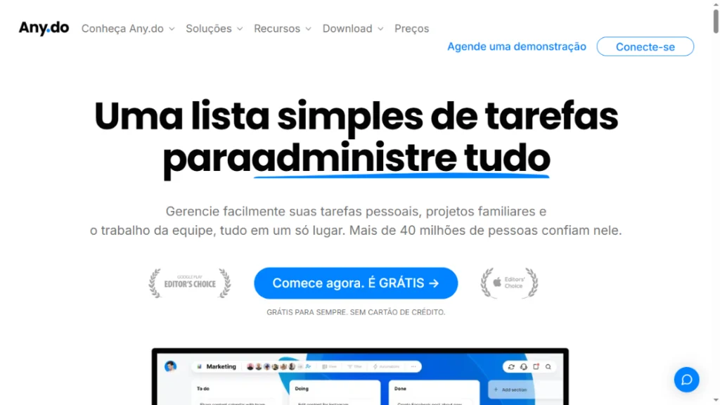 Página inicial do Any.do, aplicativo de listas de tarefas, com slogan “Uma lista simples de tarefas para administrar tudo” e botão de início gratuito.