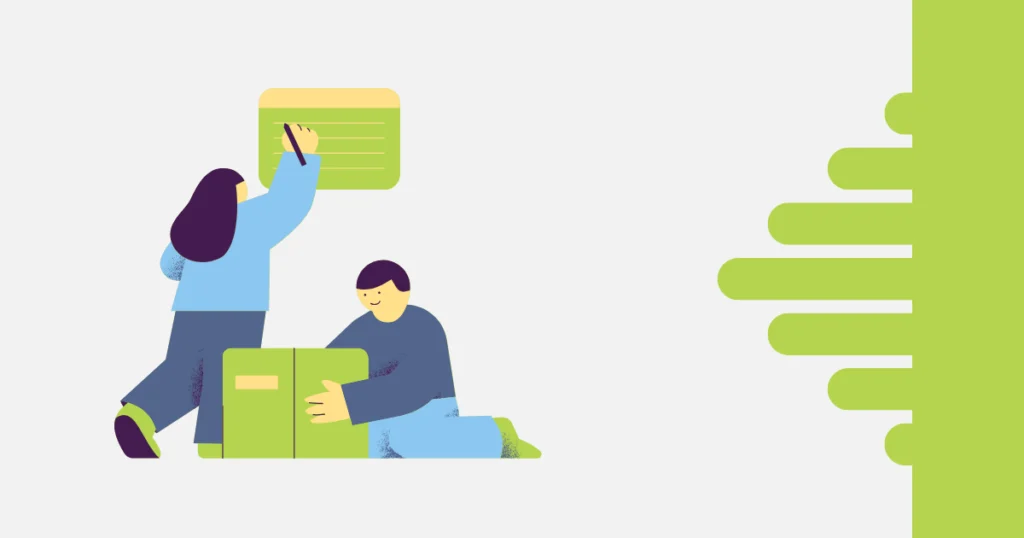Ilustração colorida de duas pessoas organizando tarefas: uma em pé escrevendo em um quadro verde e outra ajoelhada ao lado de caixas. Representa visualmente o conceito de checklist e colaboração na organização de eventos corporativos com apoio de ferramentas digitais.