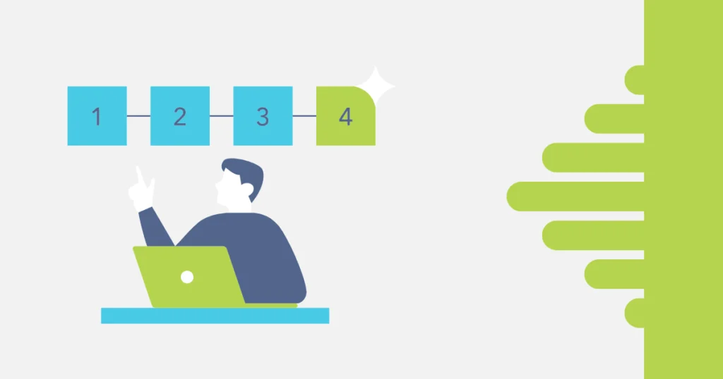 Ilustração de uma pessoa diante de um notebook, apontando para uma sequência de etapas numeradas de 1 a 4. Representa a organização de um fluxo criativo ou processo visual, alinhado ao conceito de tarefas maker no TaskRush.