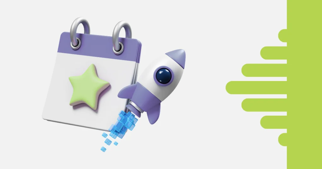 Ilustração 3D de um calendário com uma estrela verde e um foguete roxo decolando, representando gerenciamento de eventos eficiente e impulsão de resultado