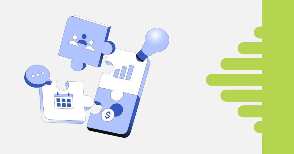 Ilustração de peças de quebra-cabeça representando elementos da gestão de projetos, como calendário, equipe, comunicação, finanças e métricas, integradas a um smartphone com lâmpada acesa simbolizando ideias.