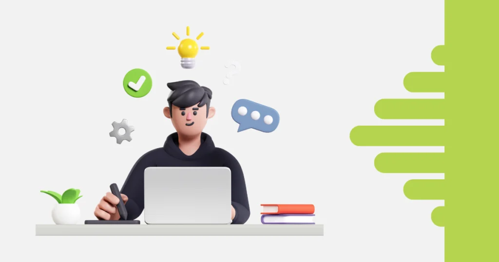 Ilustração 3D de um profissional trabalhando em home office no laptop, cercado por ícones de produtividade como lâmpada de ideia, check de tarefa concluída, engrenagem de processos e balão de diálogo, representando indicadores de produtividade em times remotos.