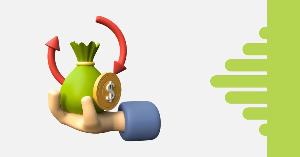 Ilustração 3D de uma mão segurando um saco de dinheiro com uma moeda dourada e setas vermelhas em círculo ao redor, simbolizando retorno sobre investimento (ROI) em projetos