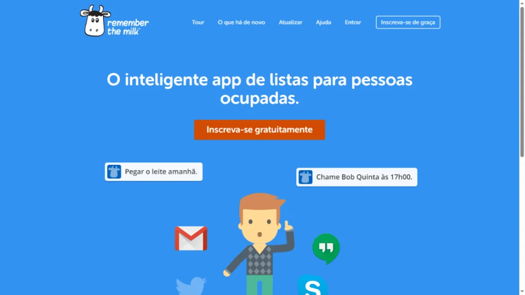 Captura de tela do Remember The Milk, aplicativo de listas e tarefas com interface azul e destaque para lembretes como “Pegar o leite amanhã” e “Chame Bob Quinta às 17h00”.