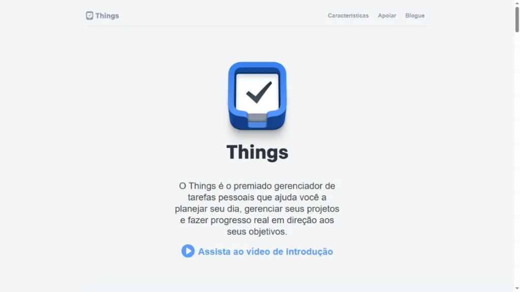 Página inicial do Things, gerenciador de tarefas pessoais, exibindo ícone azul com checkmark e descrição sobre organização de projetos e objetivos.