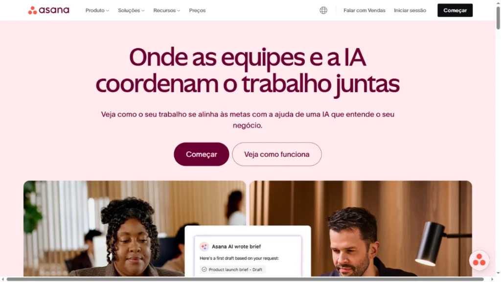 Página inicial da Asana destacando a integração entre equipes e inteligência artificial para coordenar o trabalho com foco em metas e produtividade.
