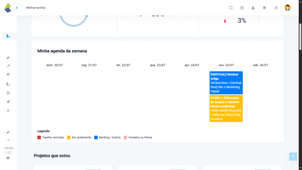 Visualização da agenda semanal no TaskRush com tarefas organizadas por status: vencidas, em andamento, backlog e feriados.