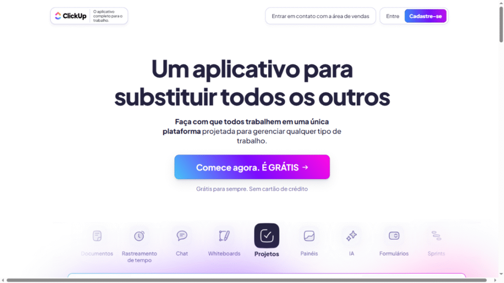  Página inicial do ClickUp apresentando a plataforma como uma solução completa para substituir vários aplicativos, com foco em projetos, rastreamento de tempo, painéis e colaboração.