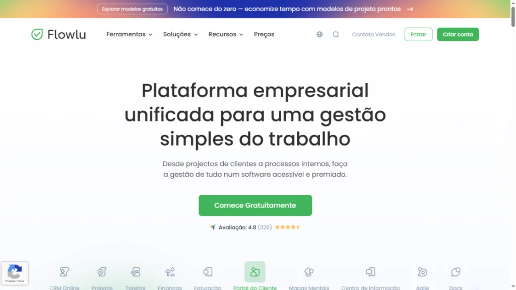 Página principal da Flowlu promovendo sua plataforma unificada para gestão empresarial simples, com destaque para projetos, finanças, tarefas e CRM.