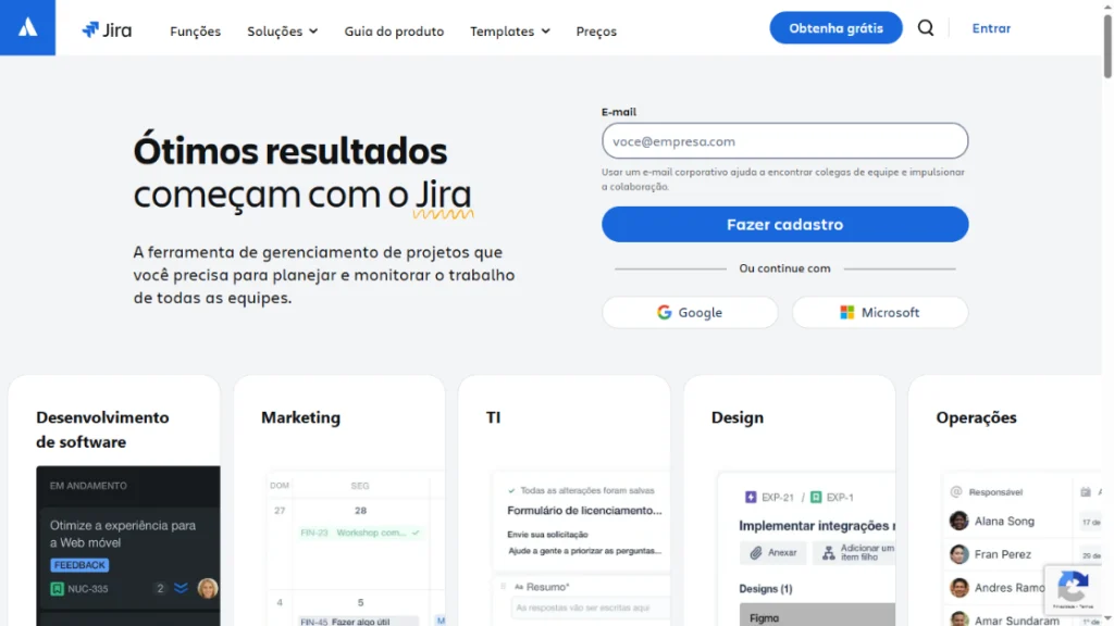  Página de entrada do Jira apresentando a ferramenta como solução para gerenciamento de projetos, com destaque para áreas como desenvolvimento, marketing e TI.