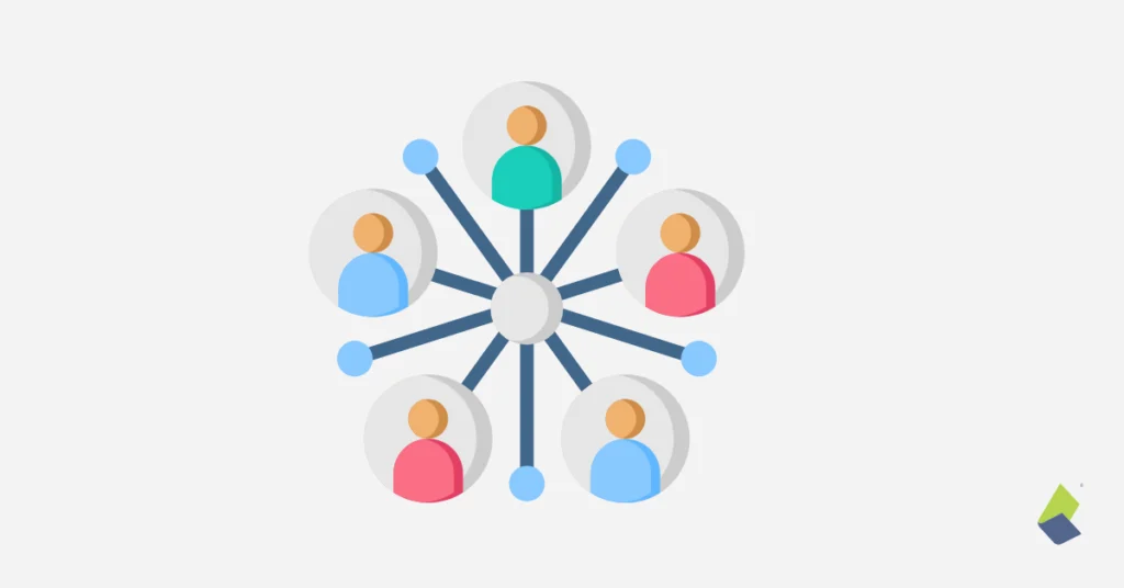 Ilustração de um diagrama centralizado representando o mapeamento de stakeholders, com um nó central conectado a diferentes figuras humanas coloridas, simbolizando os diversos envolvidos em um projeto.