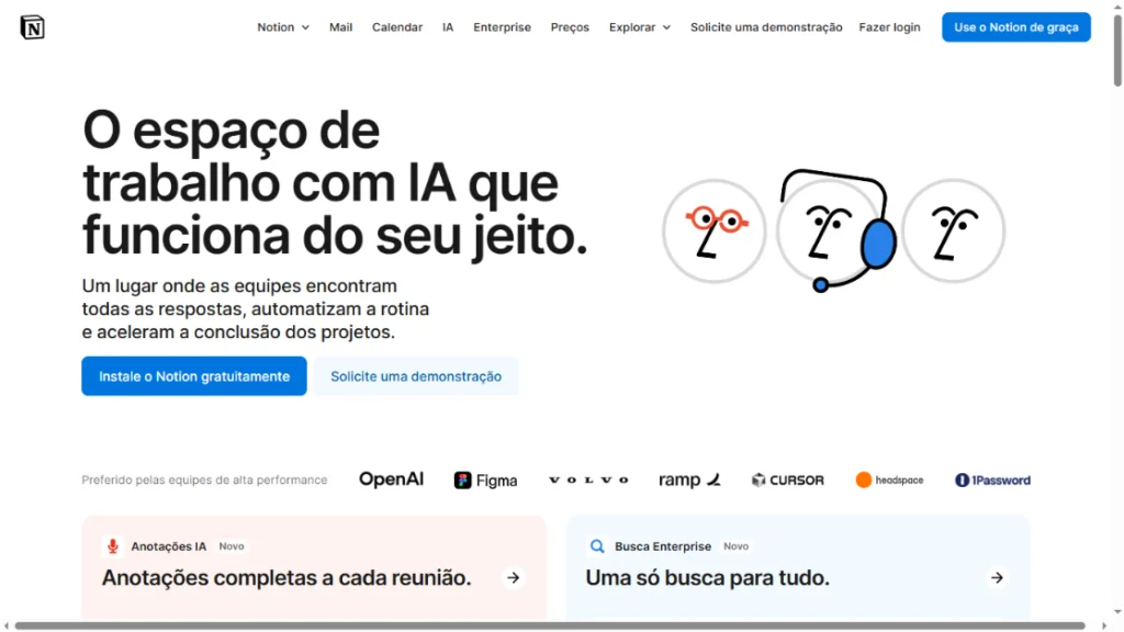 Página inicial do Notion com destaque para organização com IA e integrações com equipes e automações.