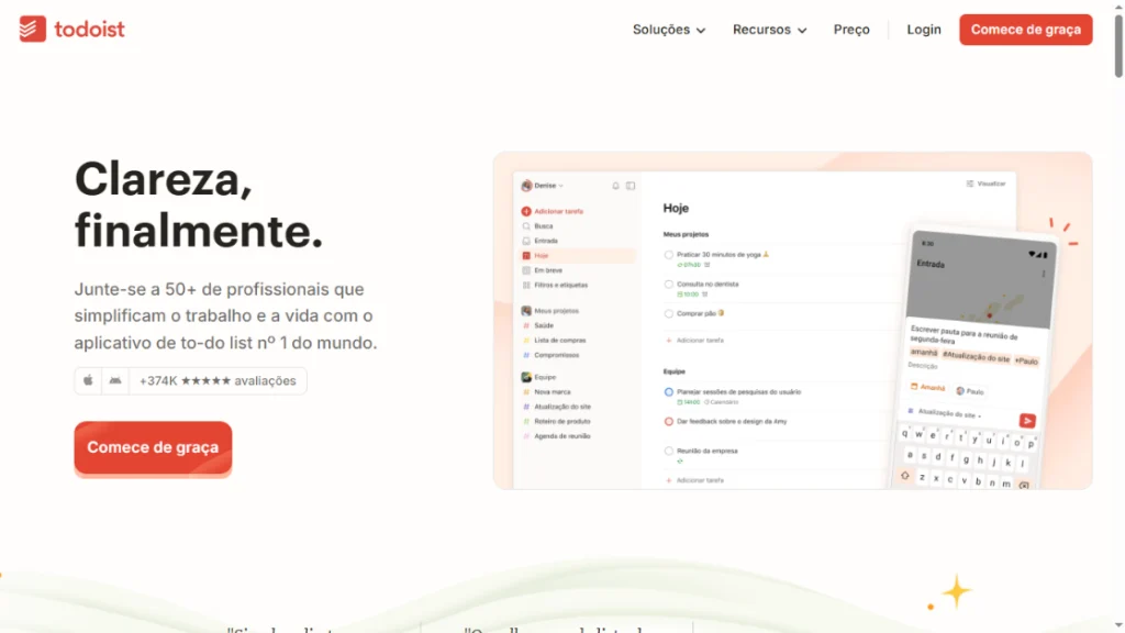 Página principal do Todoist com o slogan "Clareza, finalmente" e destaque para interface de tarefas e botão "Comece de graça".
