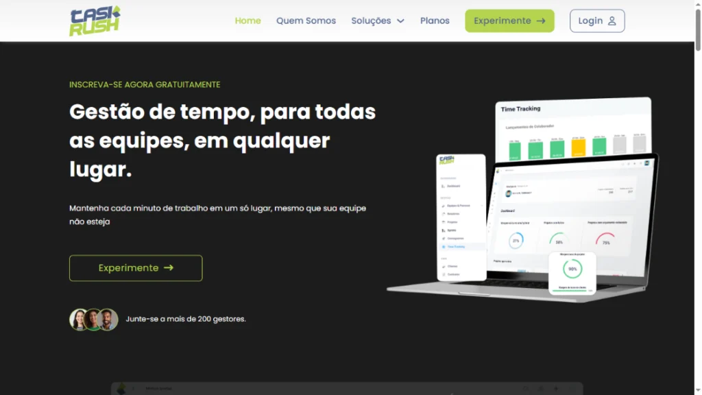 Página de entrada do TaskRush com foco em gestão de tempo e projetos para equipes, mostrando dashboards de produtividade e painéis de acompanhamento por projeto.
