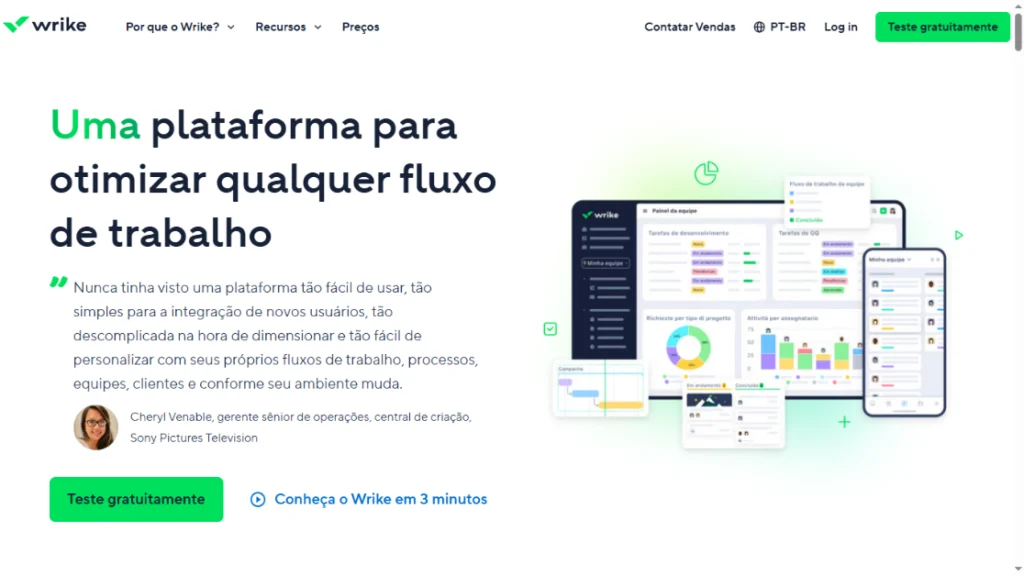  Página inicial da Wrike destacando sua proposta como uma plataforma para otimizar fluxos de trabalho com painéis personalizados, relatórios e tarefas colaborativas.