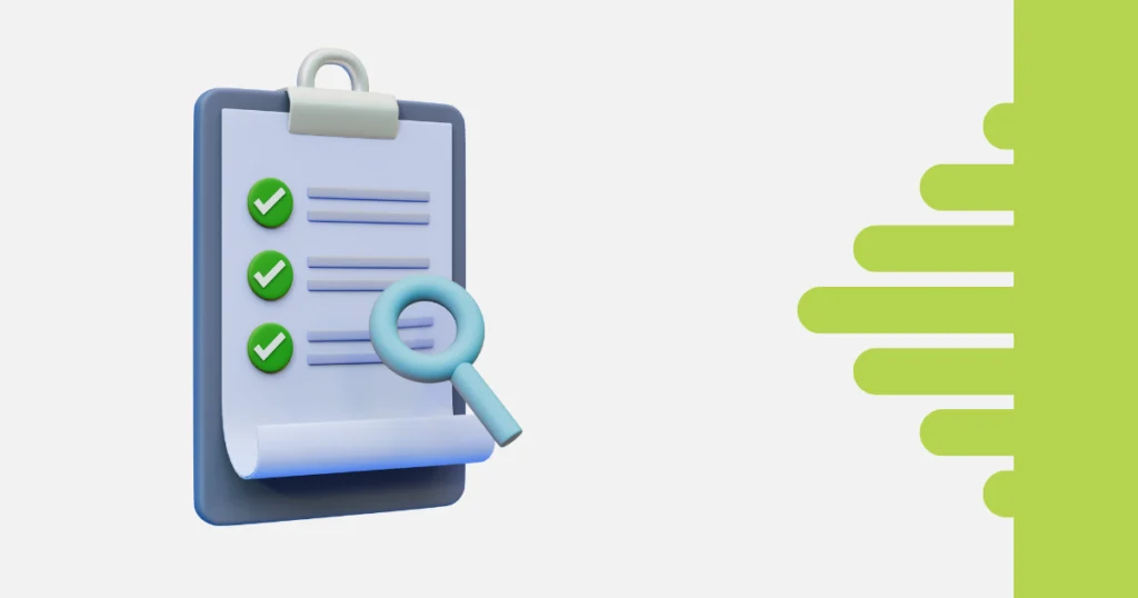 Ilustração 3D de um checklist em prancheta com três itens marcados em verde e uma lupa azul destacando a lista, representando organização e produtividade.